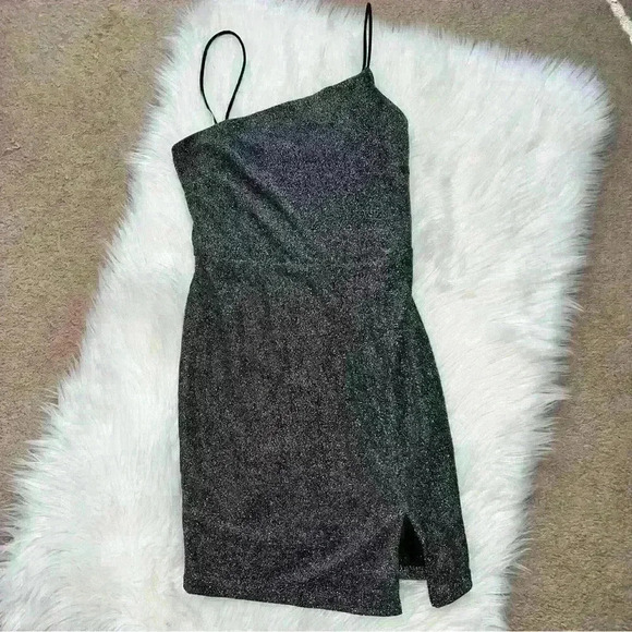 Lulus Take Me Anywhere Silver Sparkly Asymmetrical Bodycon Mini Dress Small - Picture 6 of 10